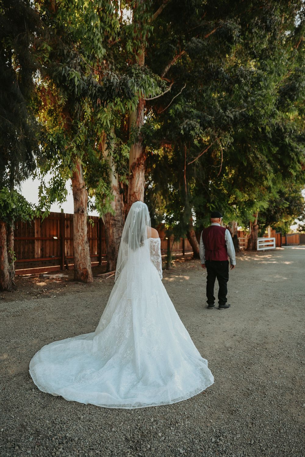 A stunning white wedding dress with a long train displayed in an outdoor garden setting.