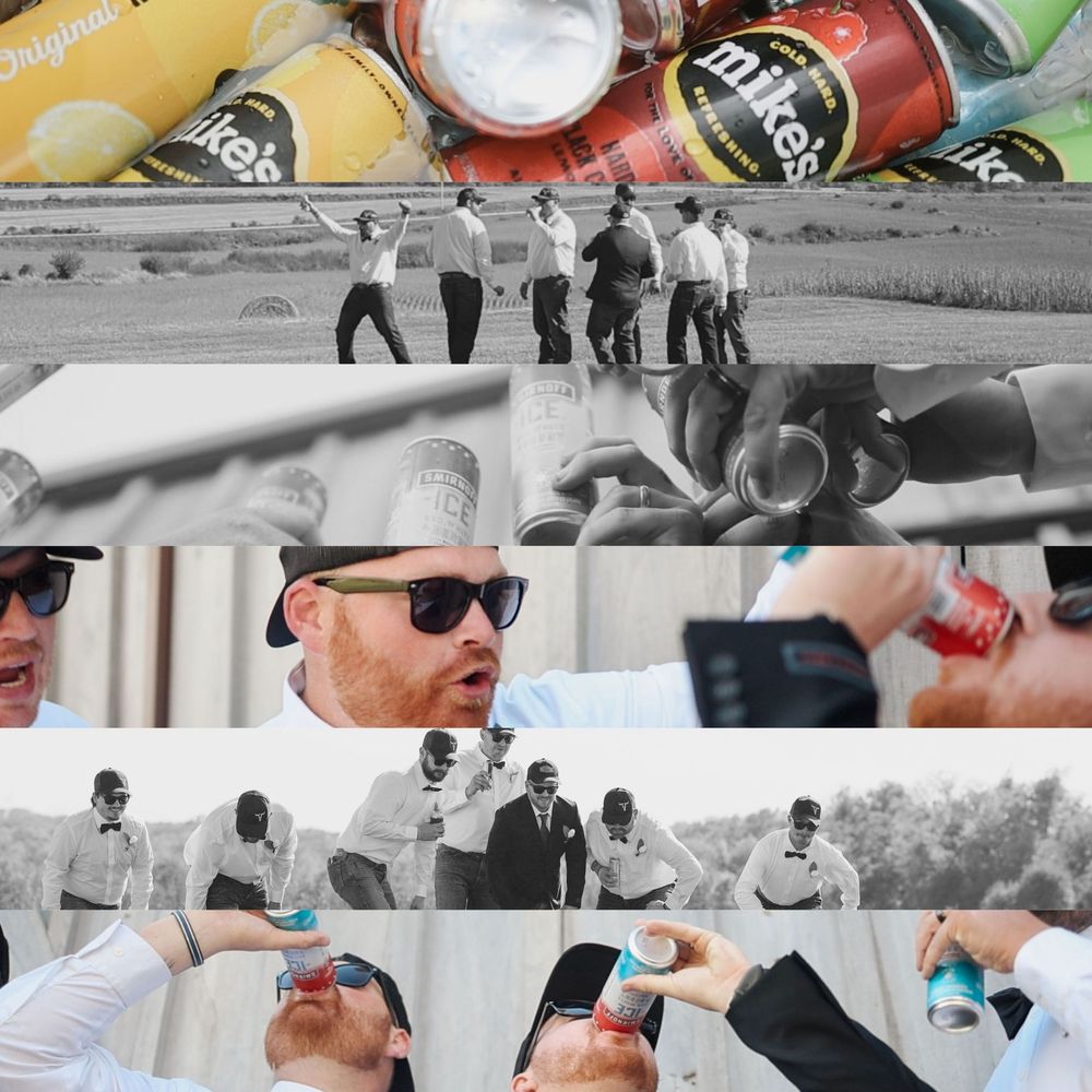 Collage of candid moments showing people enjoying beverages and walking together in black and white and color photos.