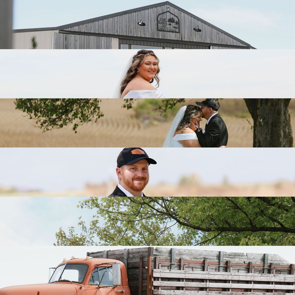 Collage showing a barn exterior, wedding moments, and vintage orange truck carrying lumber.