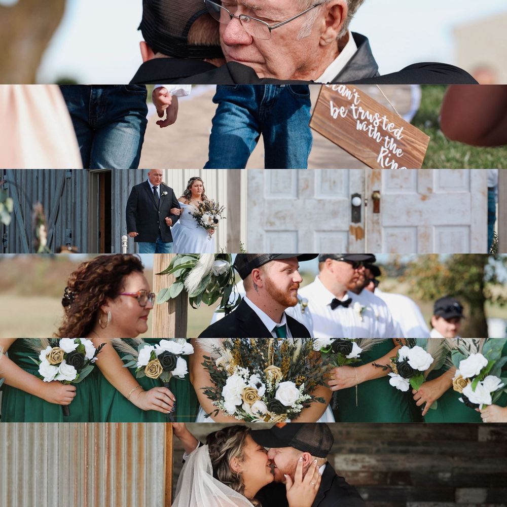 Wedding celebration collage featuring bouquets, emotional moments, and joyful interactions between couples and wedding party members.