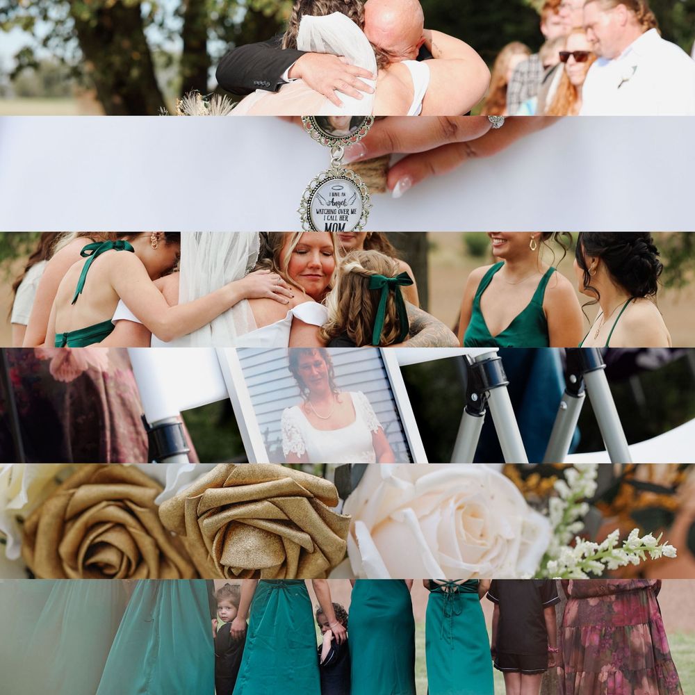 A collage of wedding moments showing teal bridesmaid dresses, champagne toasts, and cream-colored roses at an outdoor celebration.