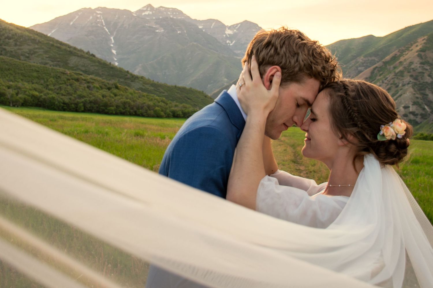 A scenic panoramic view of rolling green hills and mountains under a soft pink sunset sky in a rural landscape.