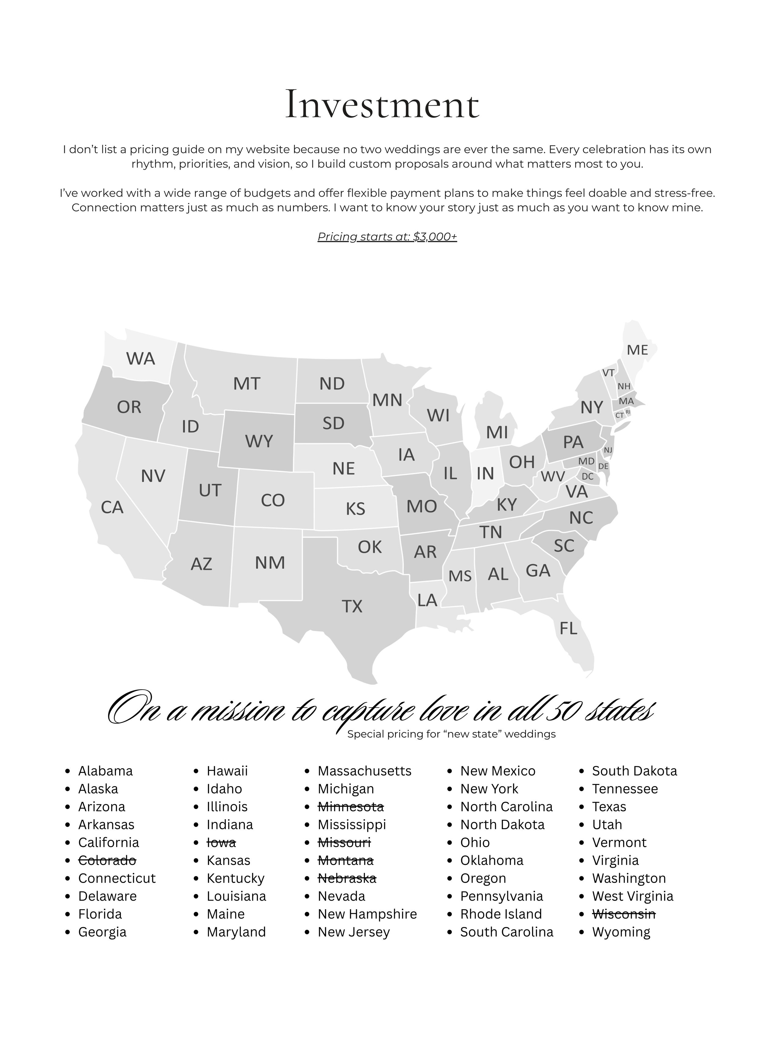 A United States map showing investment opportunities with a list of all 50 states below and text about capital gains.