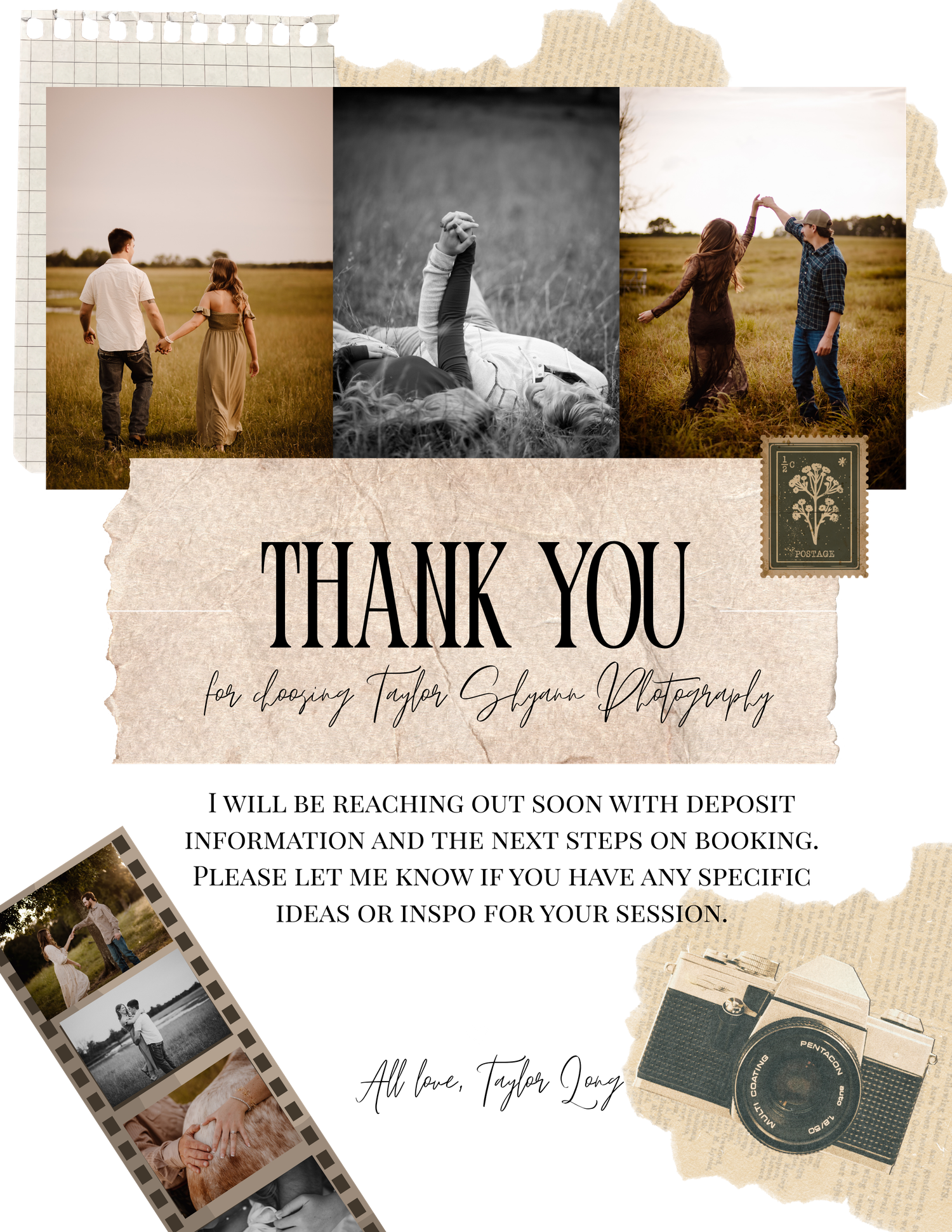 A collection of vintage-style photography business cards and thank you notes arranged in a collage layout.