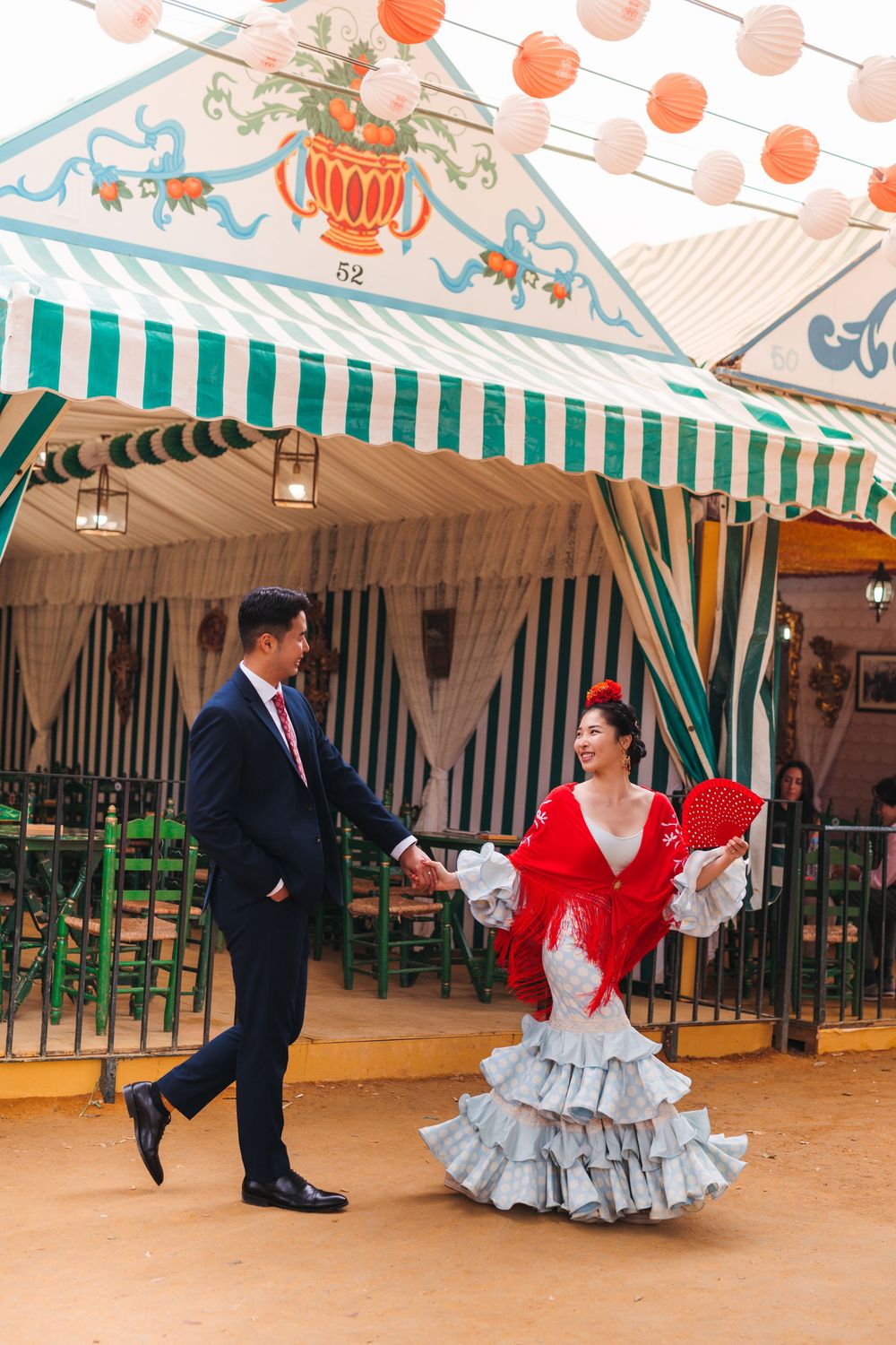 A sequence of flamenco dance moves shown in four connected photos with dancers in traditional Spanish dress performing.