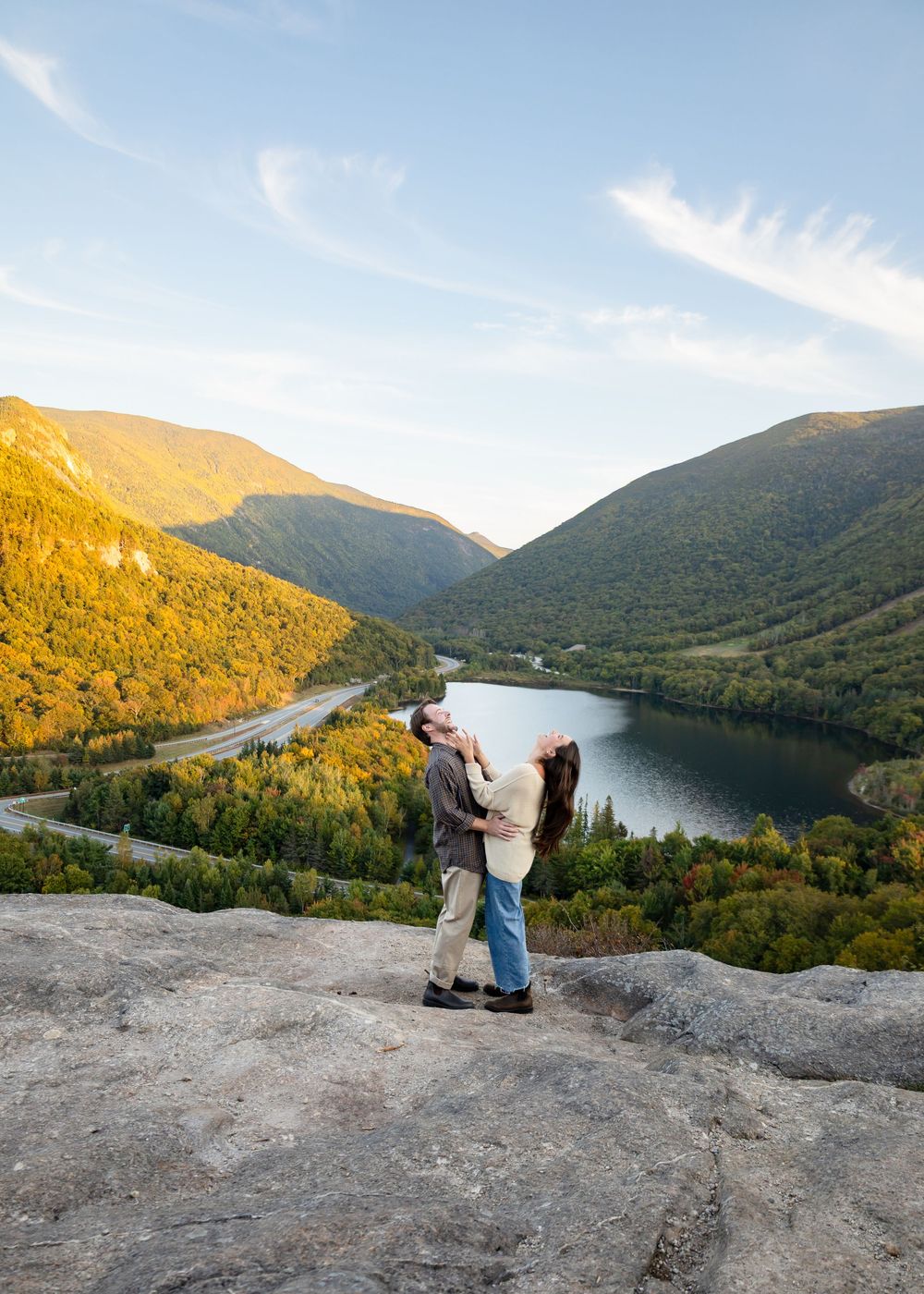 Panoramic series of sunset views from Artists Bluff overlooking Echo Lake in Franconia Notch State Park, New Hampshire.