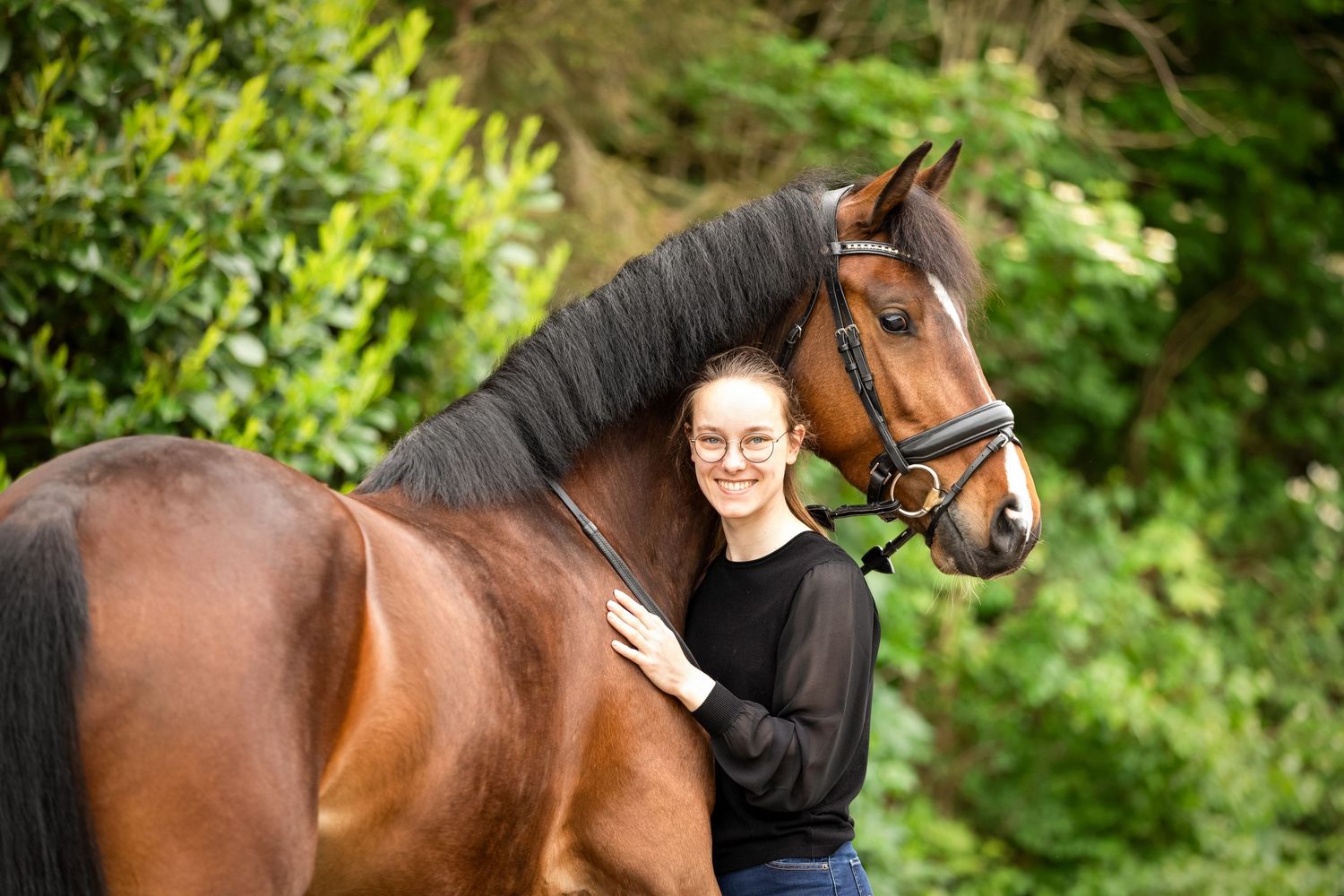Bay horse with black mane standing against verdant garden background.