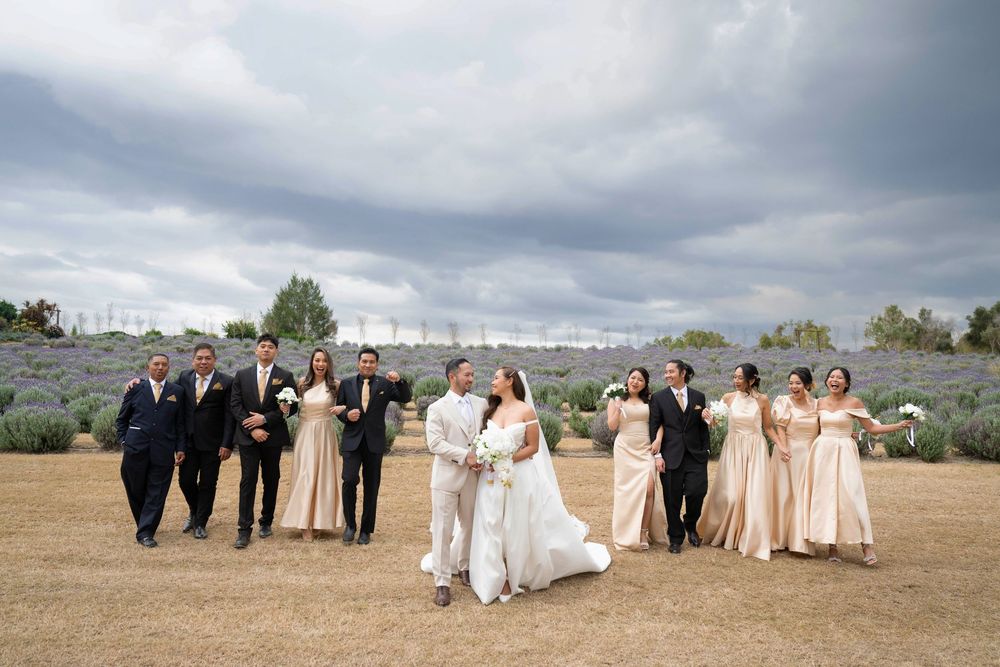 Wedding party walks together in a lavender field with bridesmaids in champagne gowns under cloudy skies.