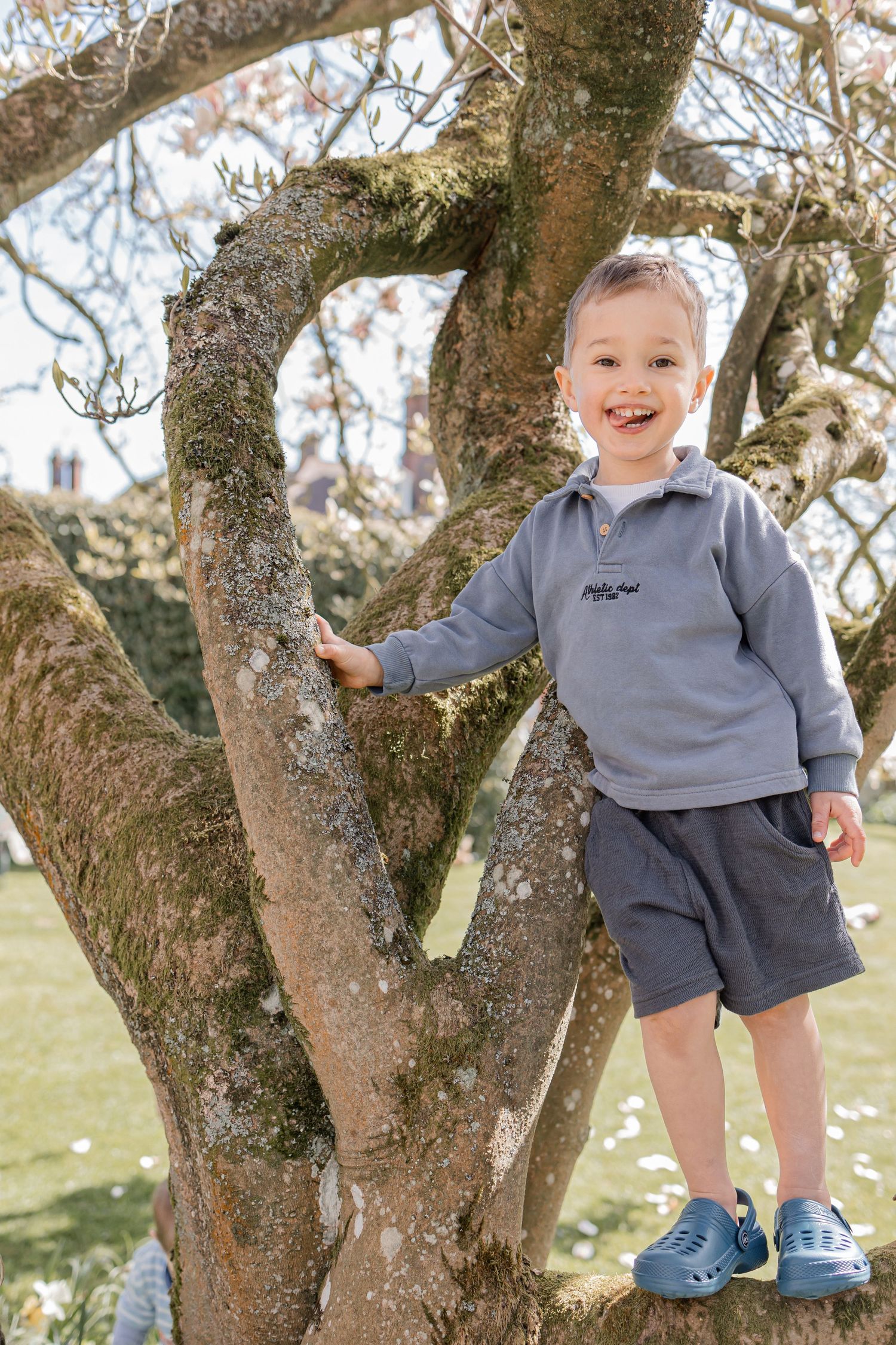 Smiling toddler boy climbing a large tree outdoors, wearing a grey sweatshirt, shorts, and blue Crocs shoes. photography in Buckinghamshire.