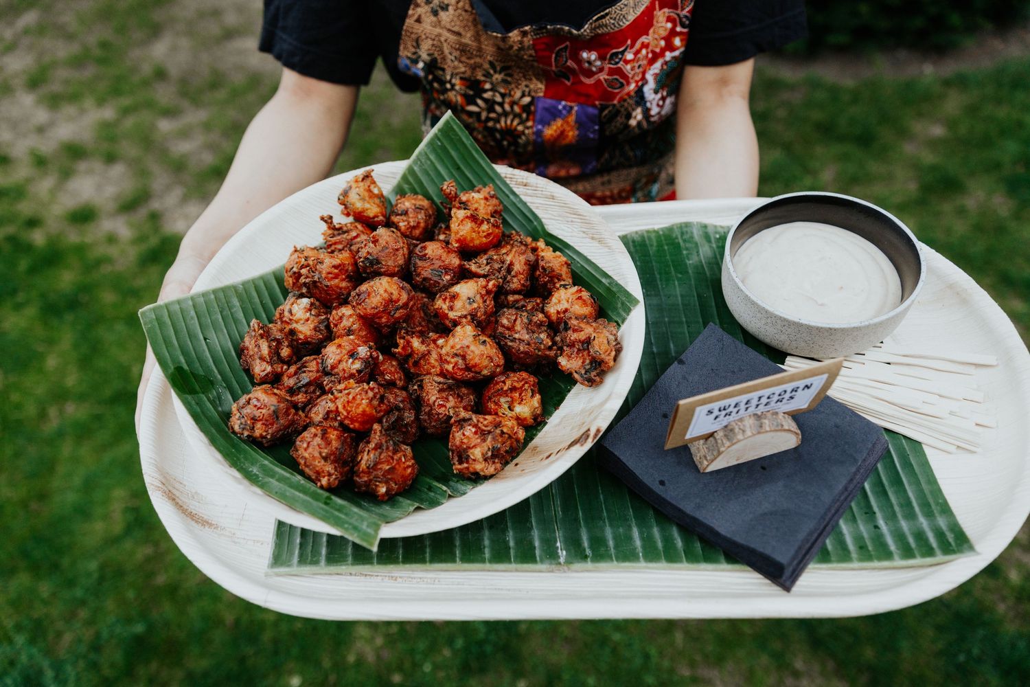 Malaysian wedding canapés served during drinks reception at Nymans Gardens wedding