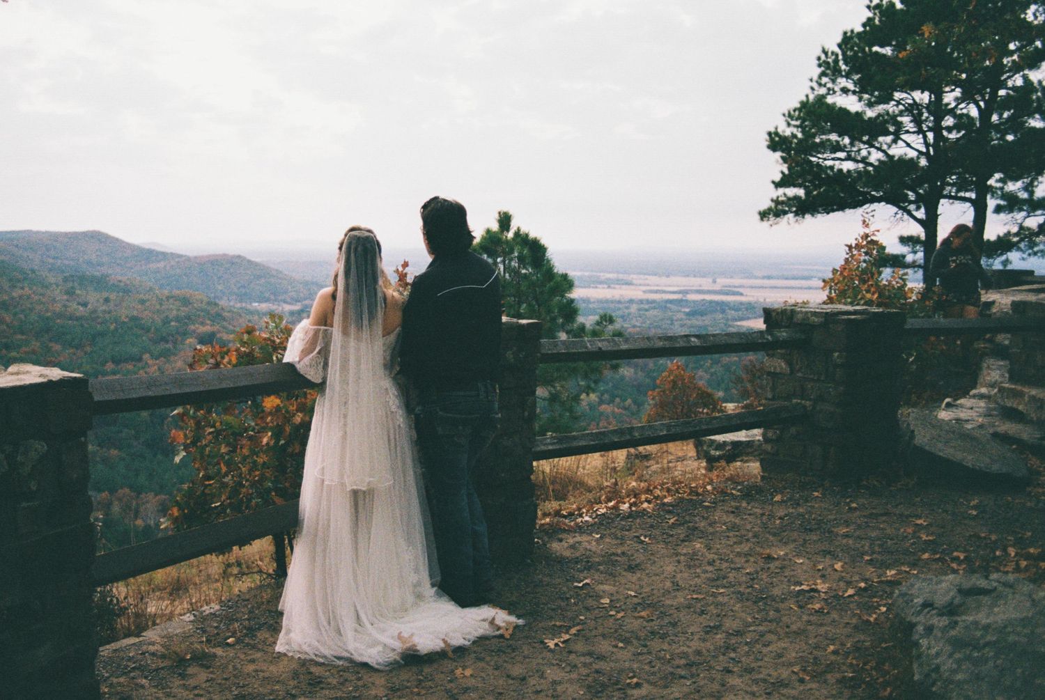 petit jean wedding elopement bride and groom on film ccc overlook