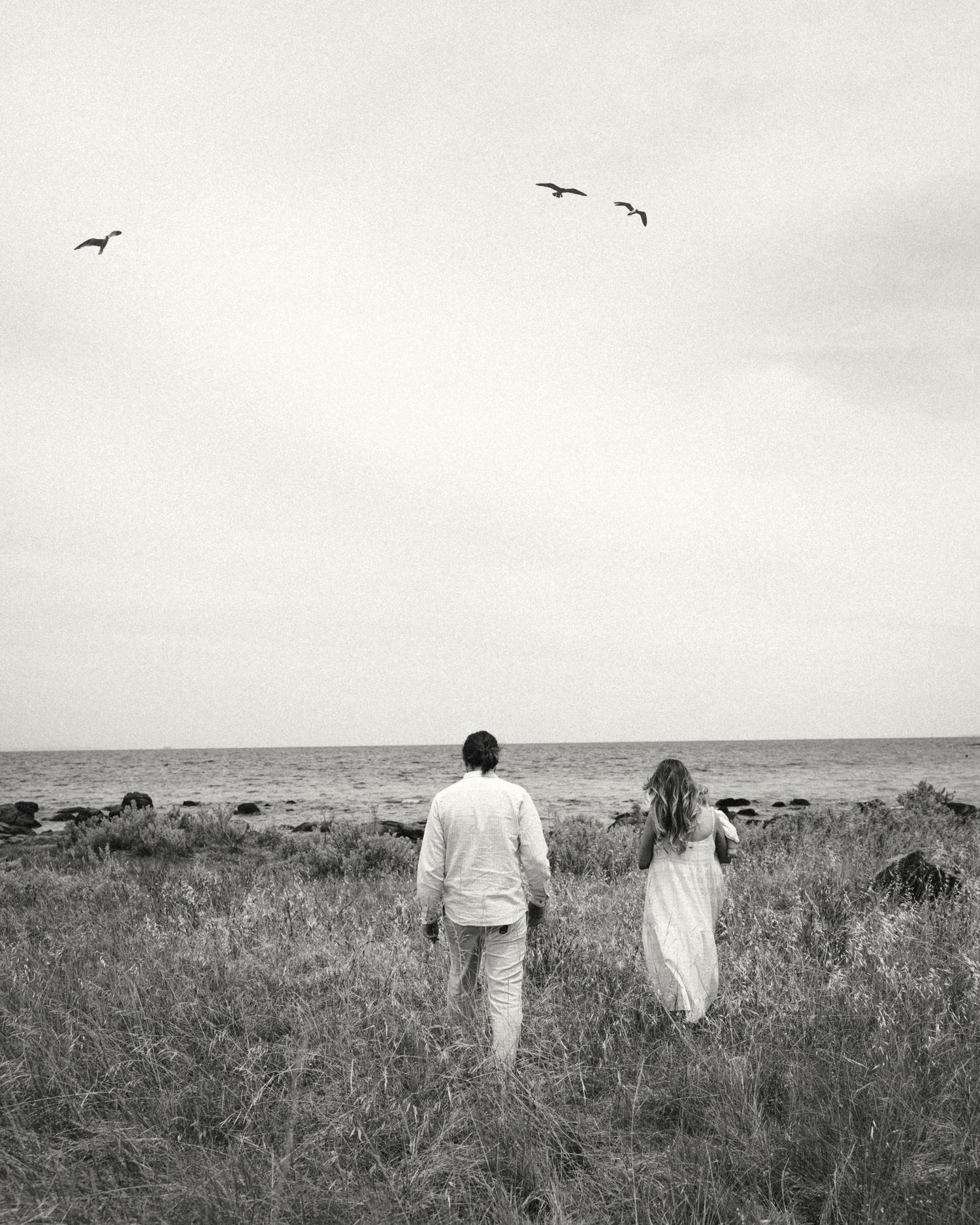 Two people walk towards ocean horizon with seabirds flying overhead.