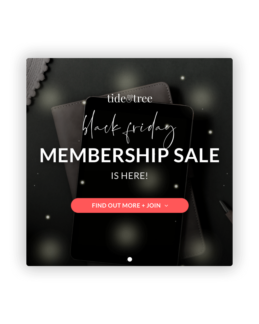 Black Friday membership sale promotional banner with dark theme and pink call-to-action button for Tide + Tree.