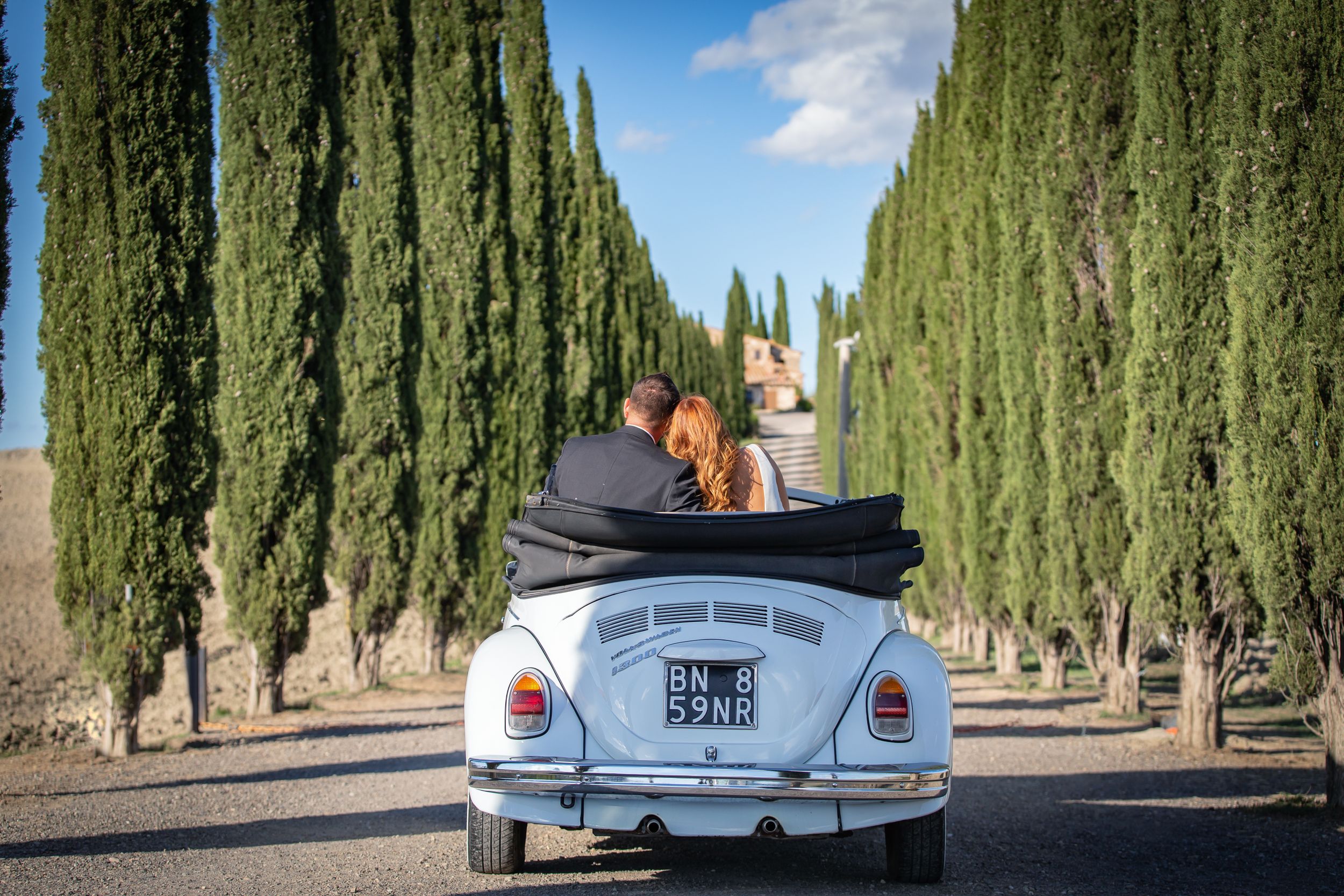 Classic white Volkswagen Beetle convertible driving down a cypress tree-lined road in Tuscany.
