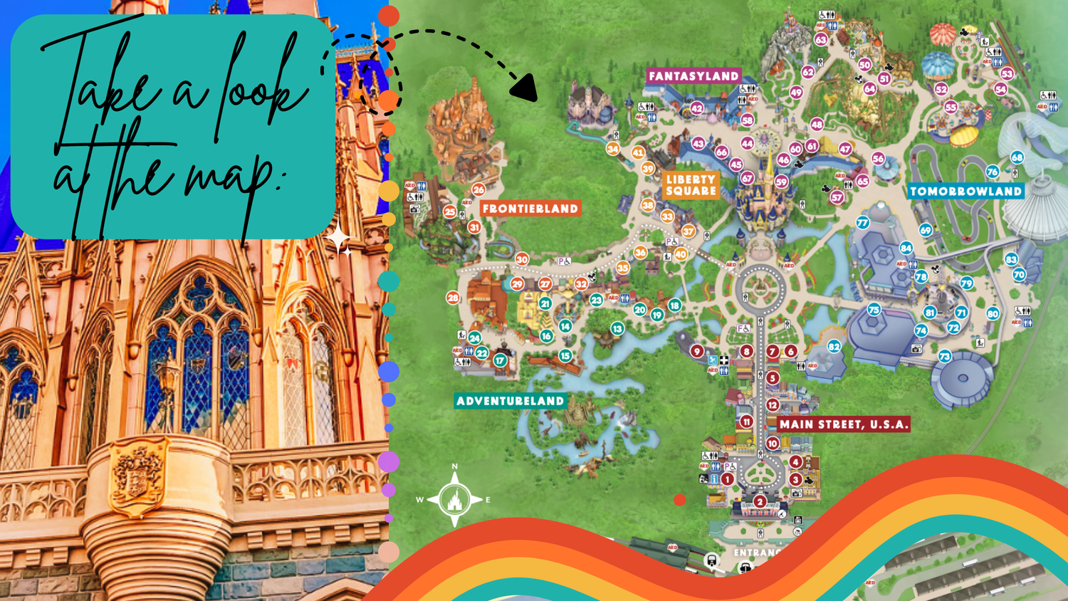 Colorful theme park map showing Fantasyland attractions with wavy paths, icons, and vibrant fantasy-themed decorations.
