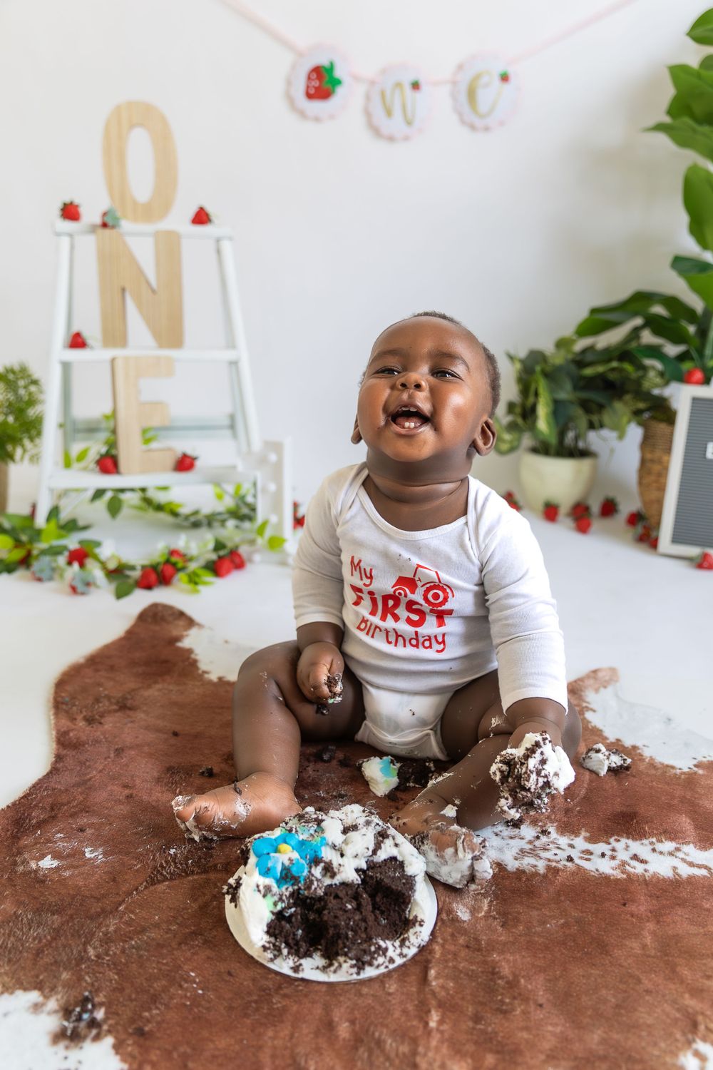First birthday cake smash photo shoot setup with decorative letters, plants, and a chocolate cake on brown backdrop.