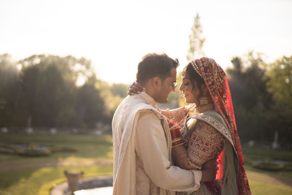 A romantic sunset moment captured during a traditional South Asian wedding celebration. Shrubland Palace Wedding Asian Wedding Photography