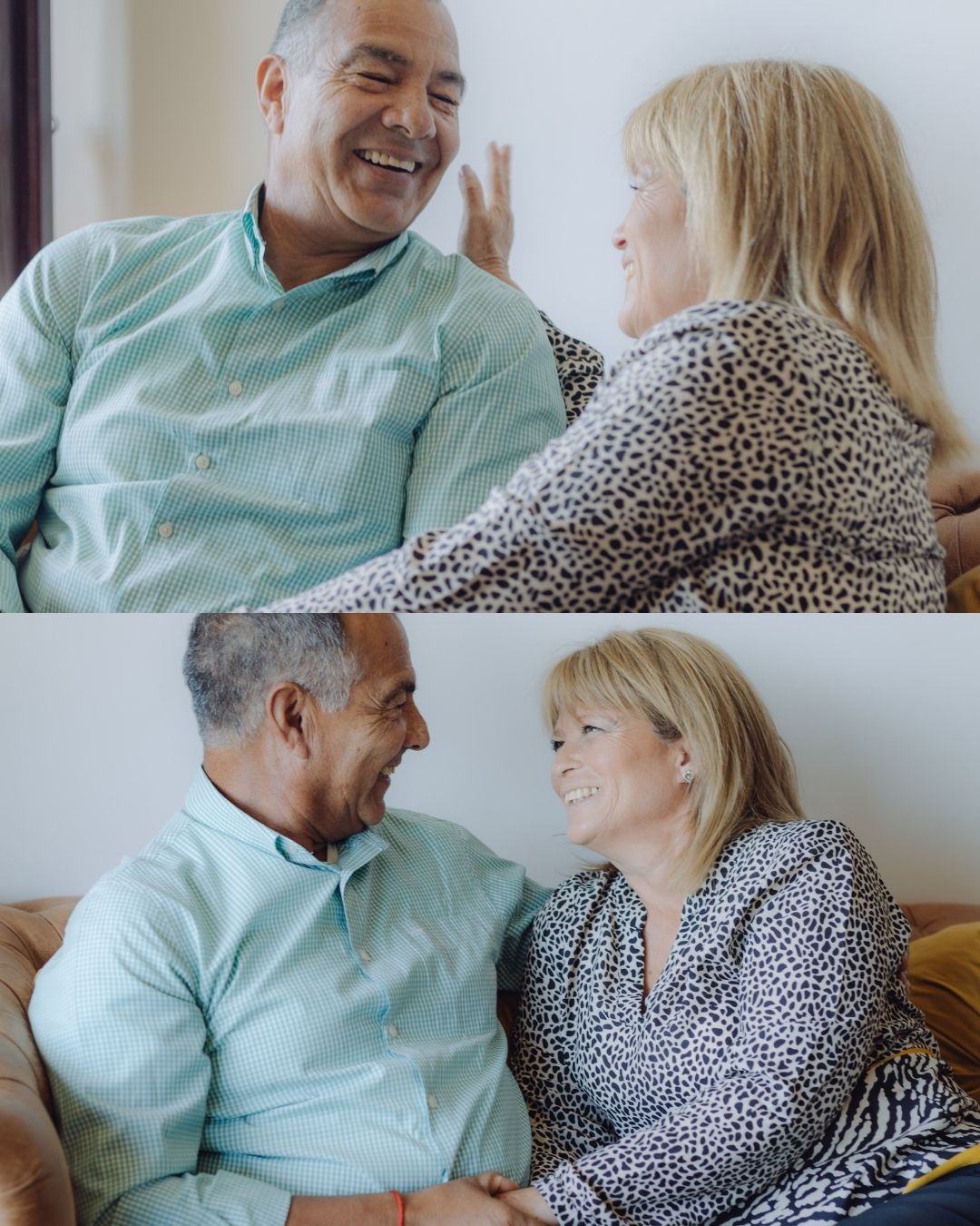 Collage of a middle-aged couple laughing and enjoying each other's company on a sofa.