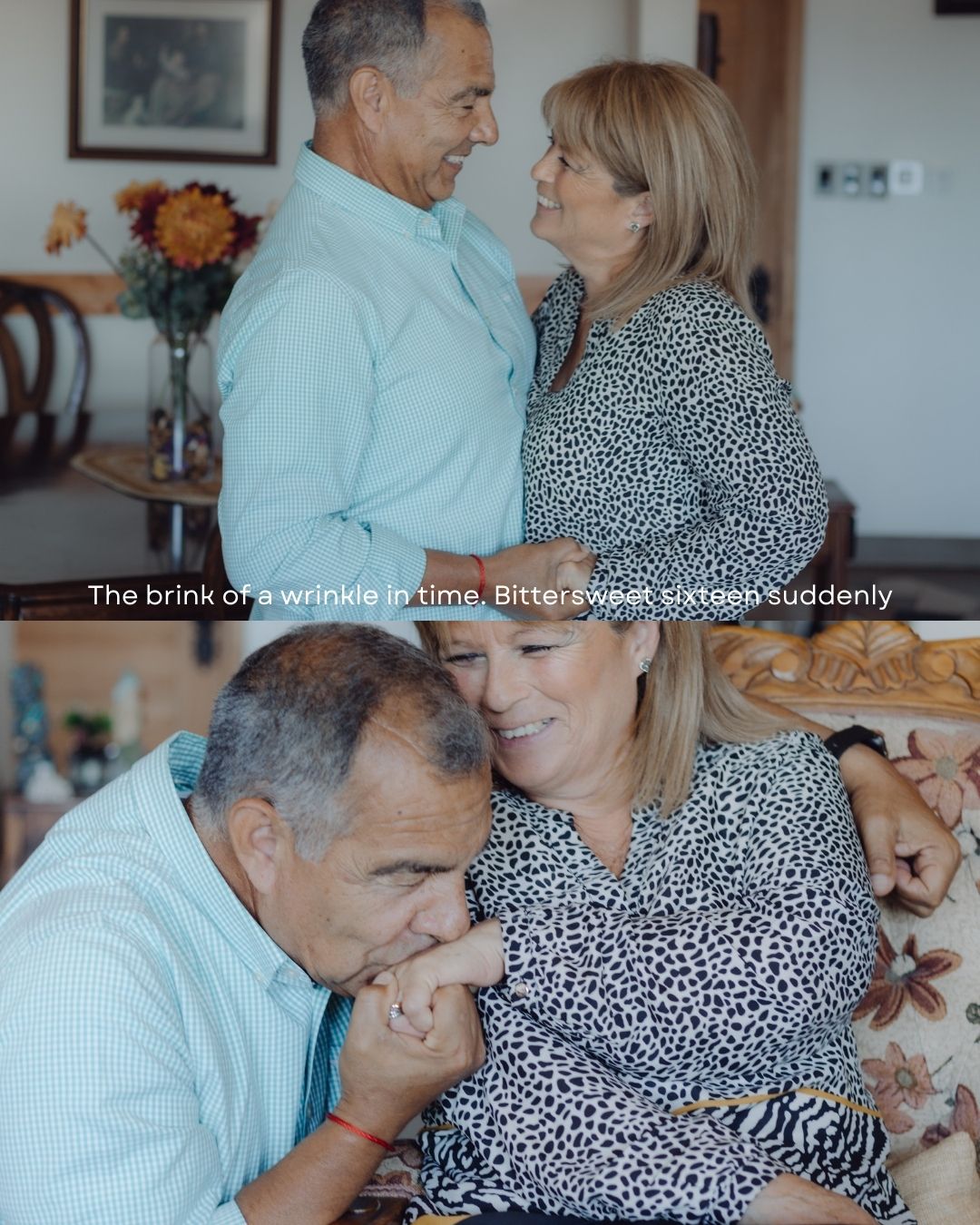 Collage of a mature couple sharing joyful moments together indoors with romantic text overlay.