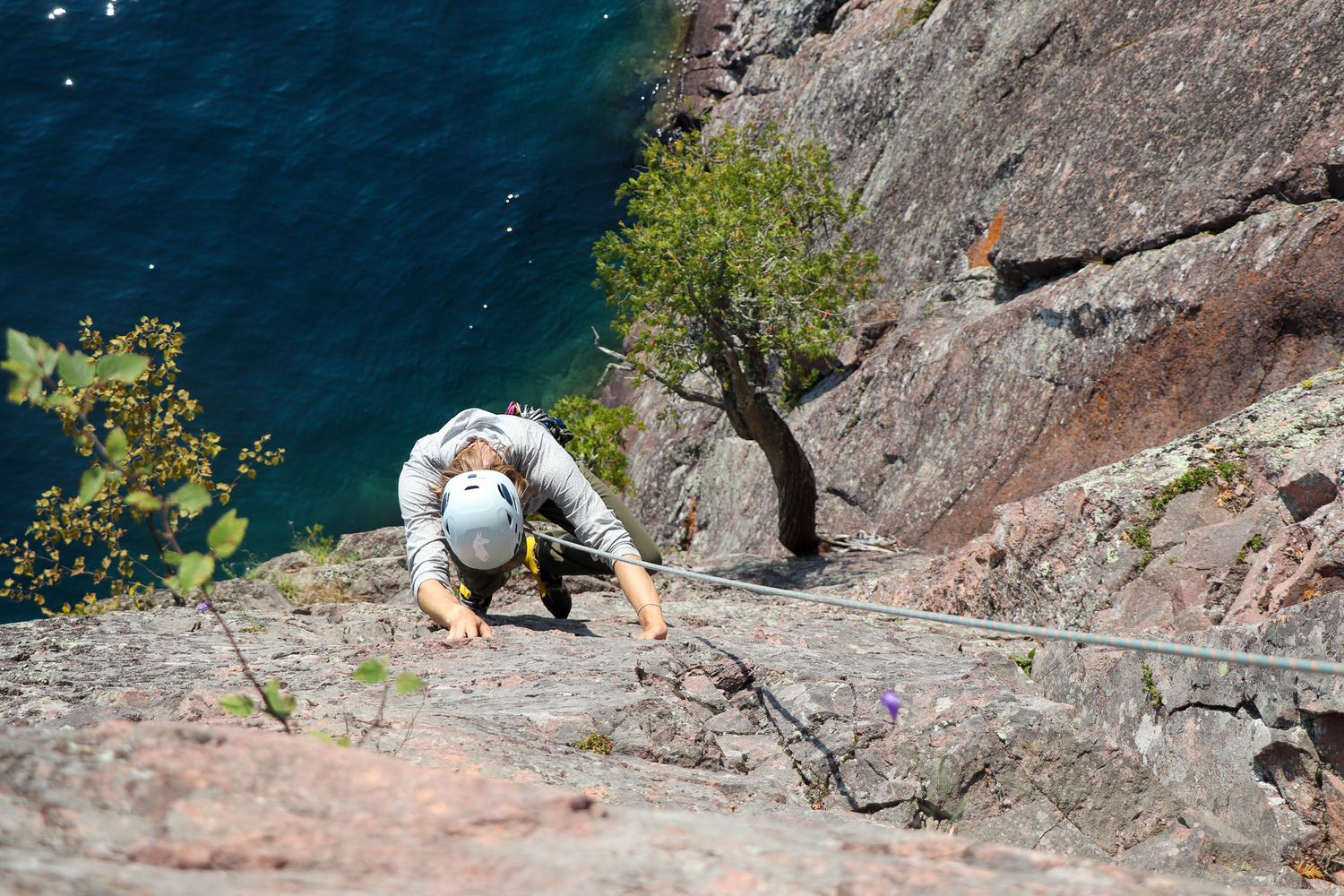 A rock climber ascending a steep cliff face overlooking deep blue water with a small tree growing from the rocks.