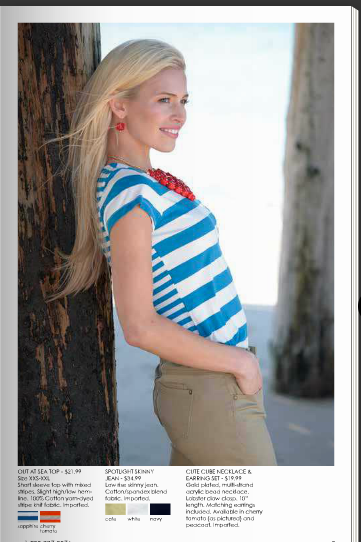 Model wearing a blue and white striped sleeveless top with khaki pants poses against a light background.
