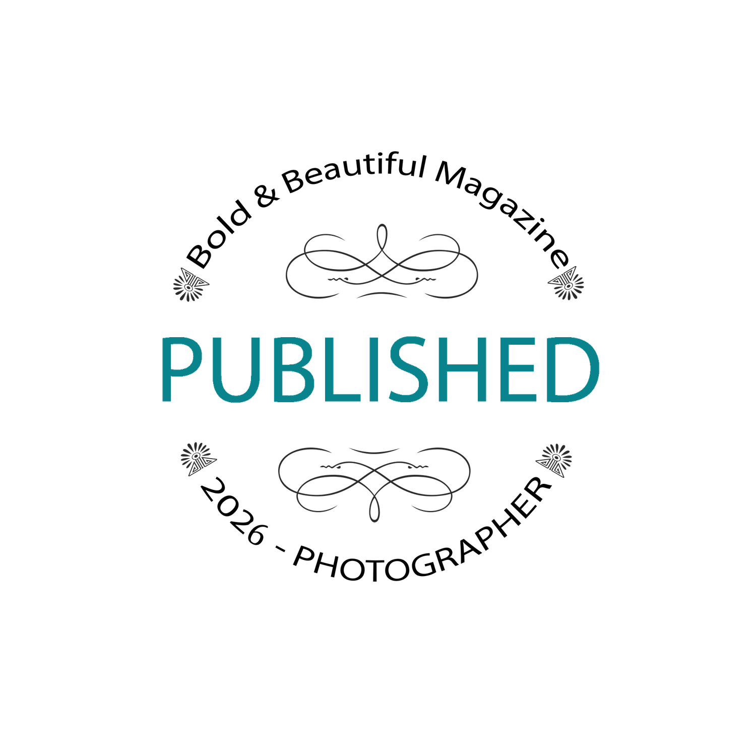 A circular stamp badge reading Published for Bold and Beautiful Magazine 2026 Photographer in teal and black decorative typography.
