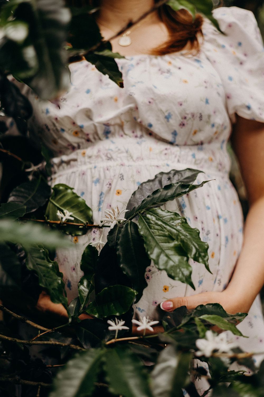 Close-up view of hands holding green leaves against a white floral dress in a natural outdoor setting.