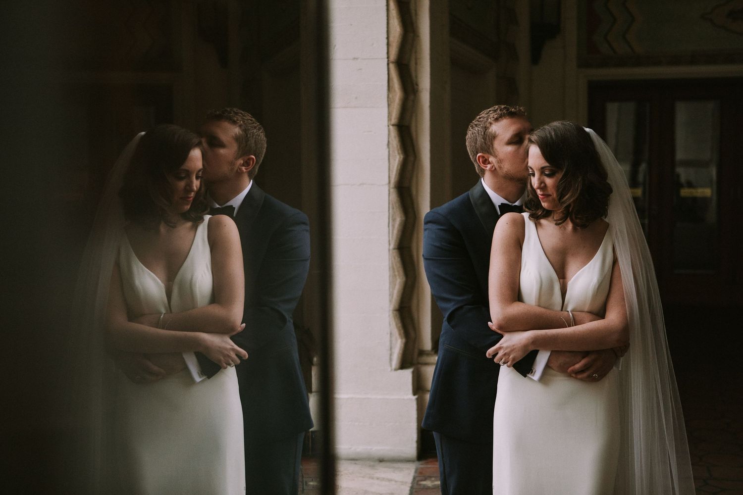 Moody indoor wedding portraits captured in dramatic lighting and shadows.