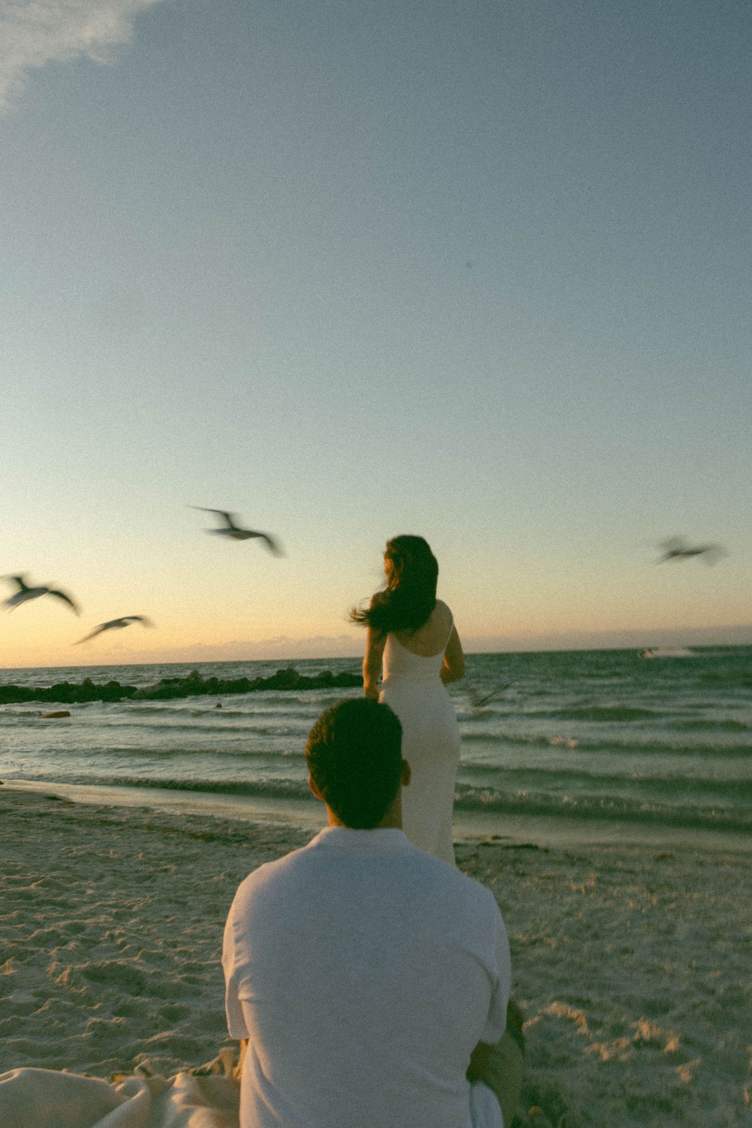 Silhouettes of people watching seagulls fly over a beach at sunset.