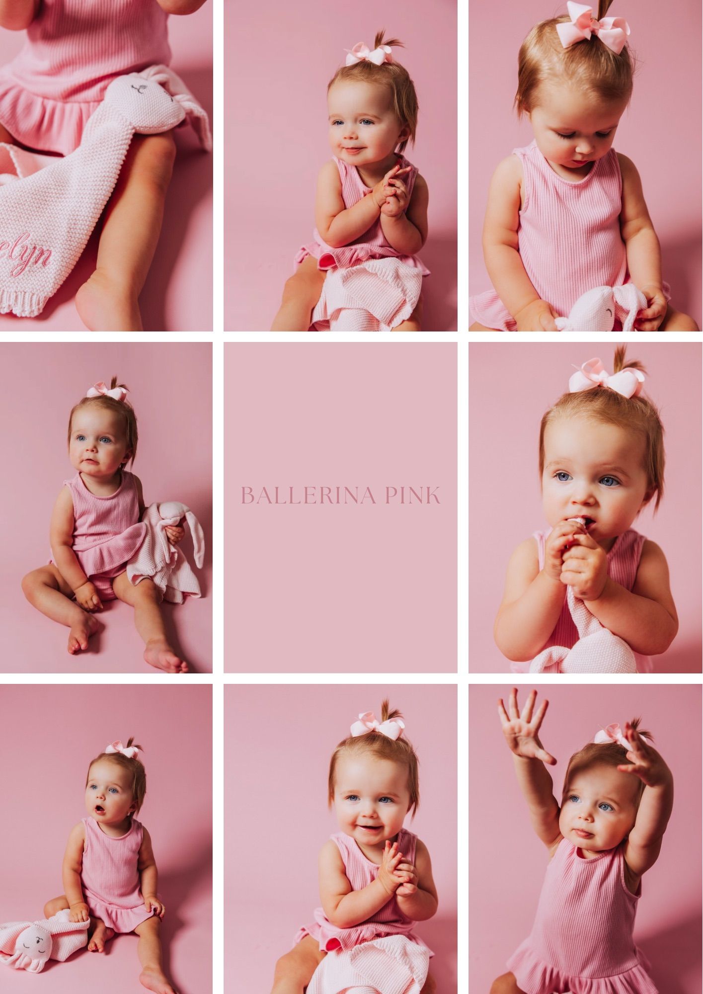 Collage of a baby girl in pink outfit and bow on a pink background labeled Ballerina Pink.