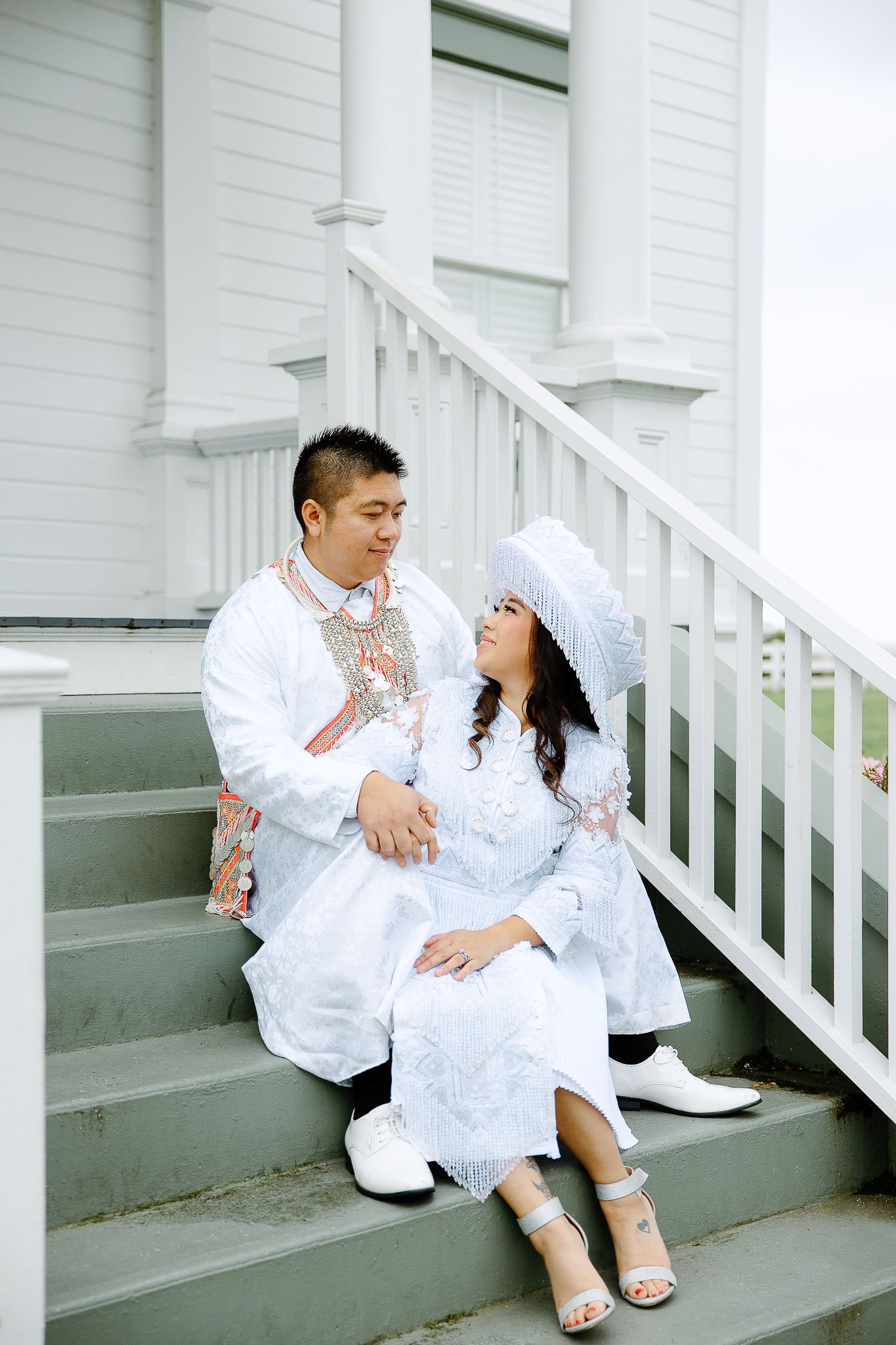 A romantic wedding couple shares an intimate moment in a series of four progressive close-up shots.