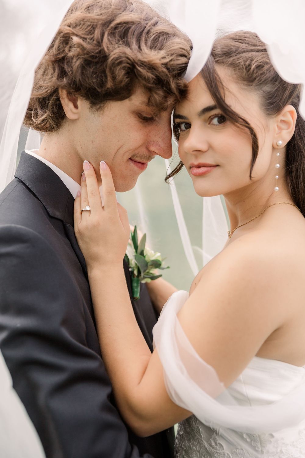 Tender wedding portrait series showing couple in intimate close-up moments.