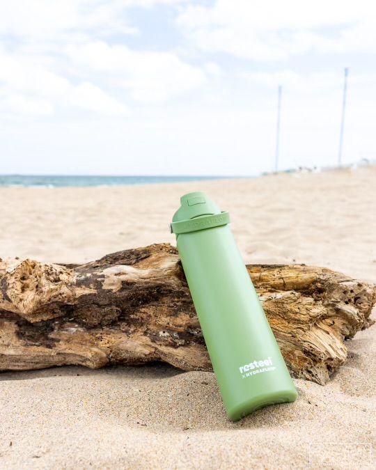 Mint green reusable container displayed on beach sand next to weathered driftwood.