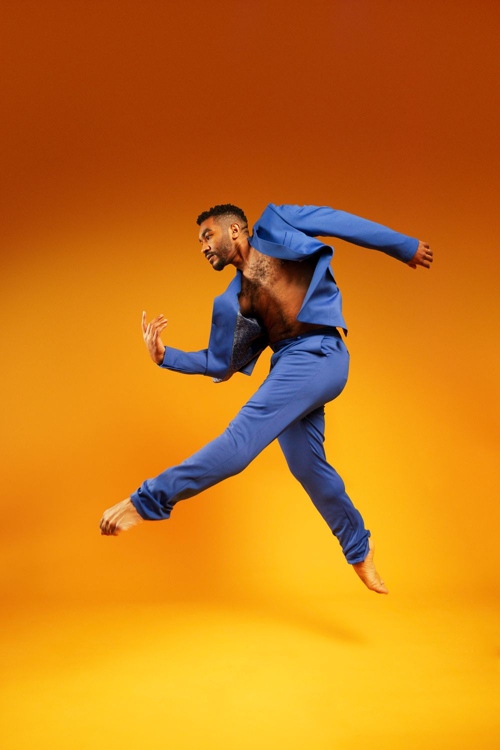 A dynamic sequence of a martial artist executing a flying kick maneuver against an orange background.
