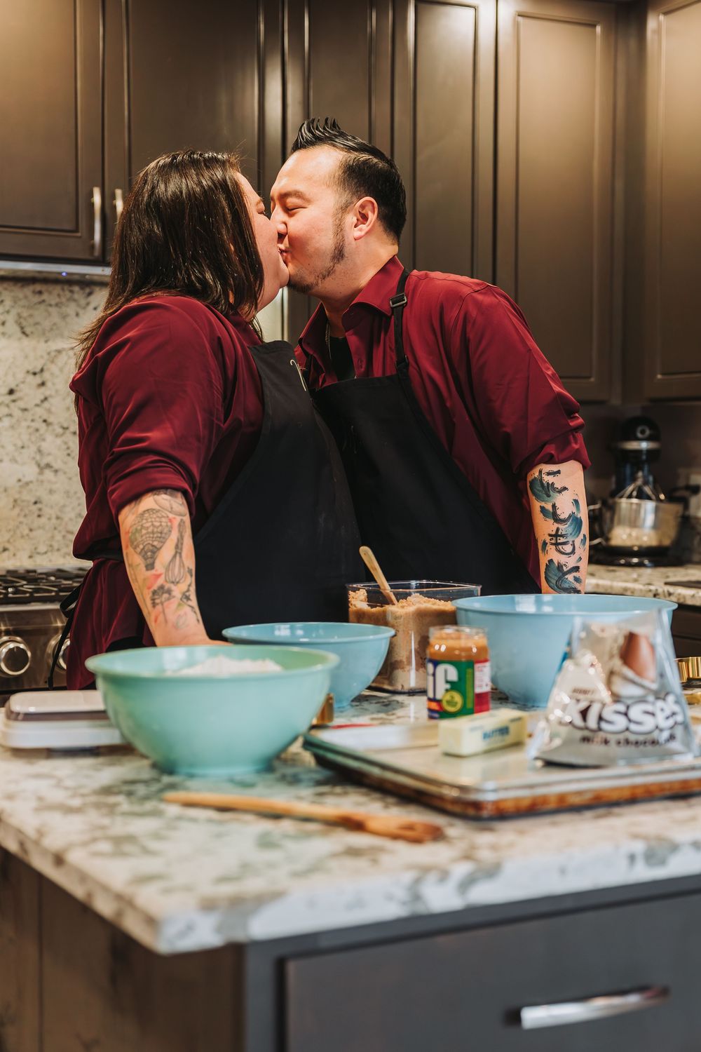 A sequence of photos showing two people preparing food in a kitchen with turquoise mixing bowls on a marble countertop.