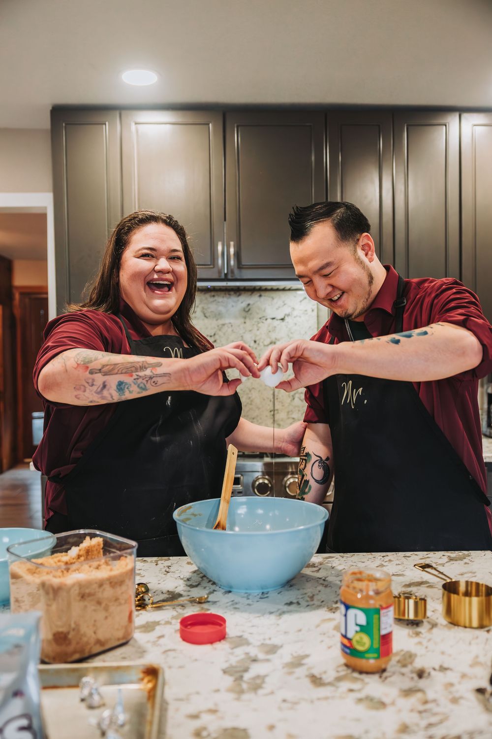 A series of photos showing people having fun while baking and making a mess with flour on a kitchen counter.