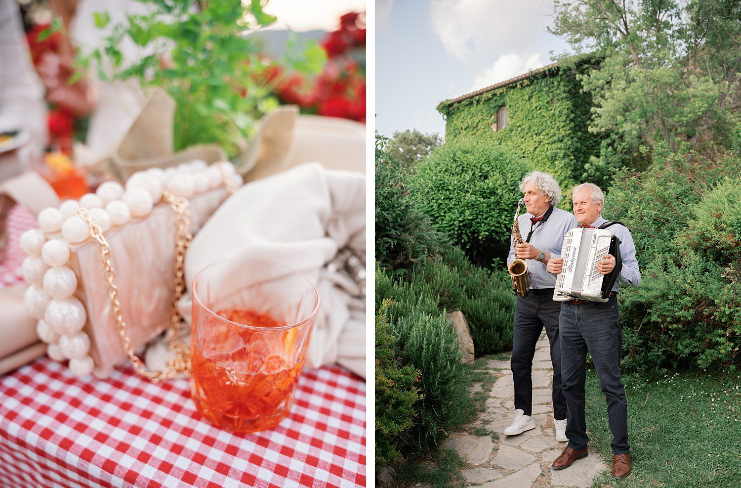 Romantic outdoor garden wedding celebration with checkered tablecloths and natural greenery decor.