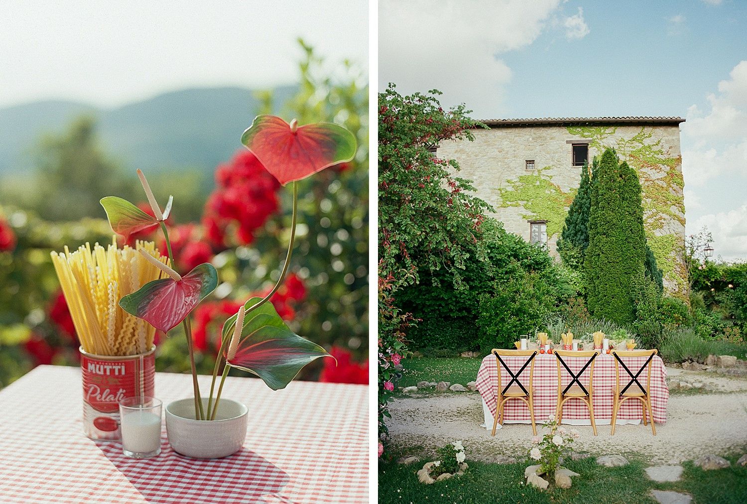 Garden party decor featuring red floral arrangements, checkered tablecloths, and rustic wooden elements.