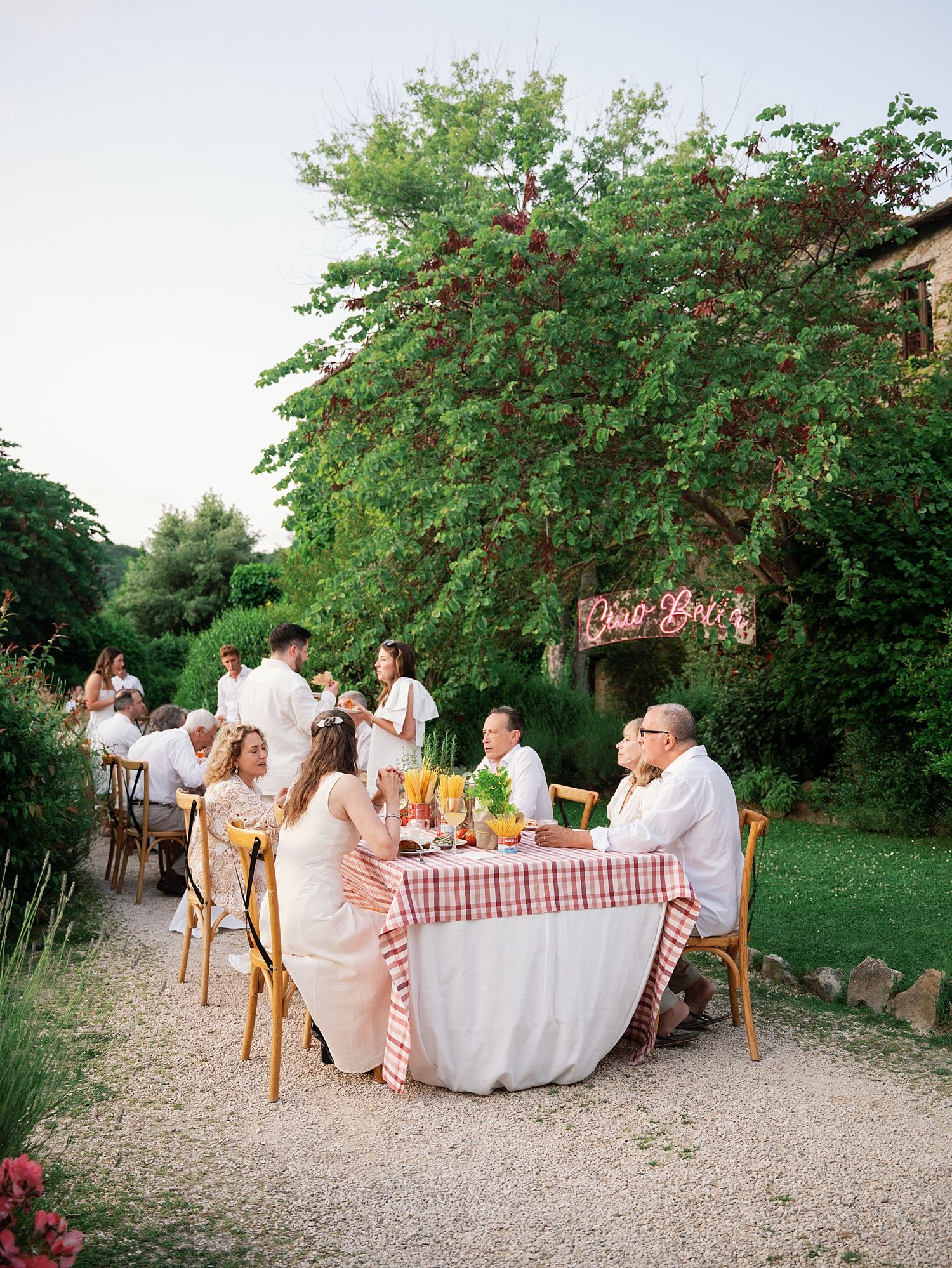 Guests enjoy an elegant outdoor dinner party at long tables decorated with red and white checkered tablecloths in a garden setting.