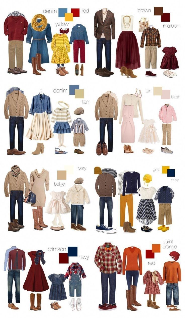 Collection of coordinated family outfits featuring casual and dressy clothing in fall colors with denim, plaid, and neutral tones.