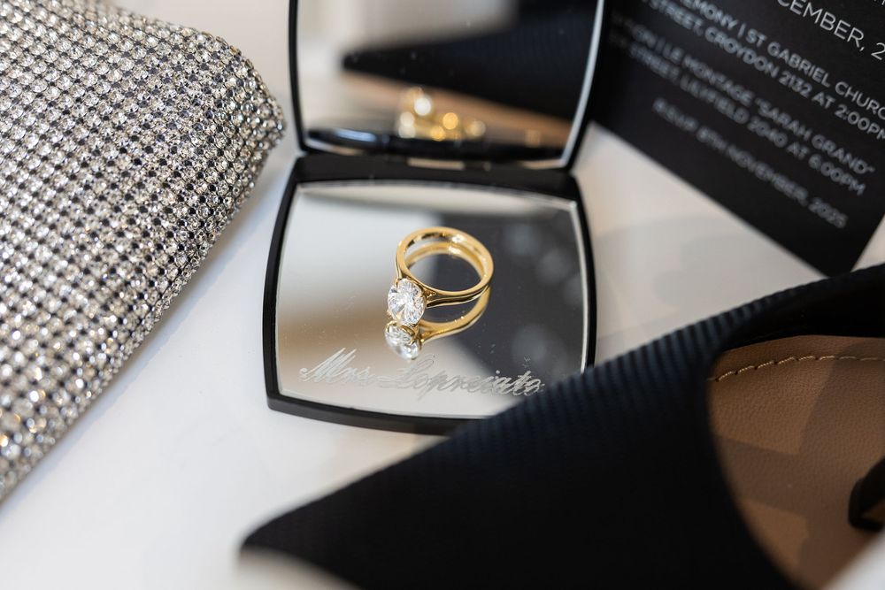 wedding ring on a compact mirror