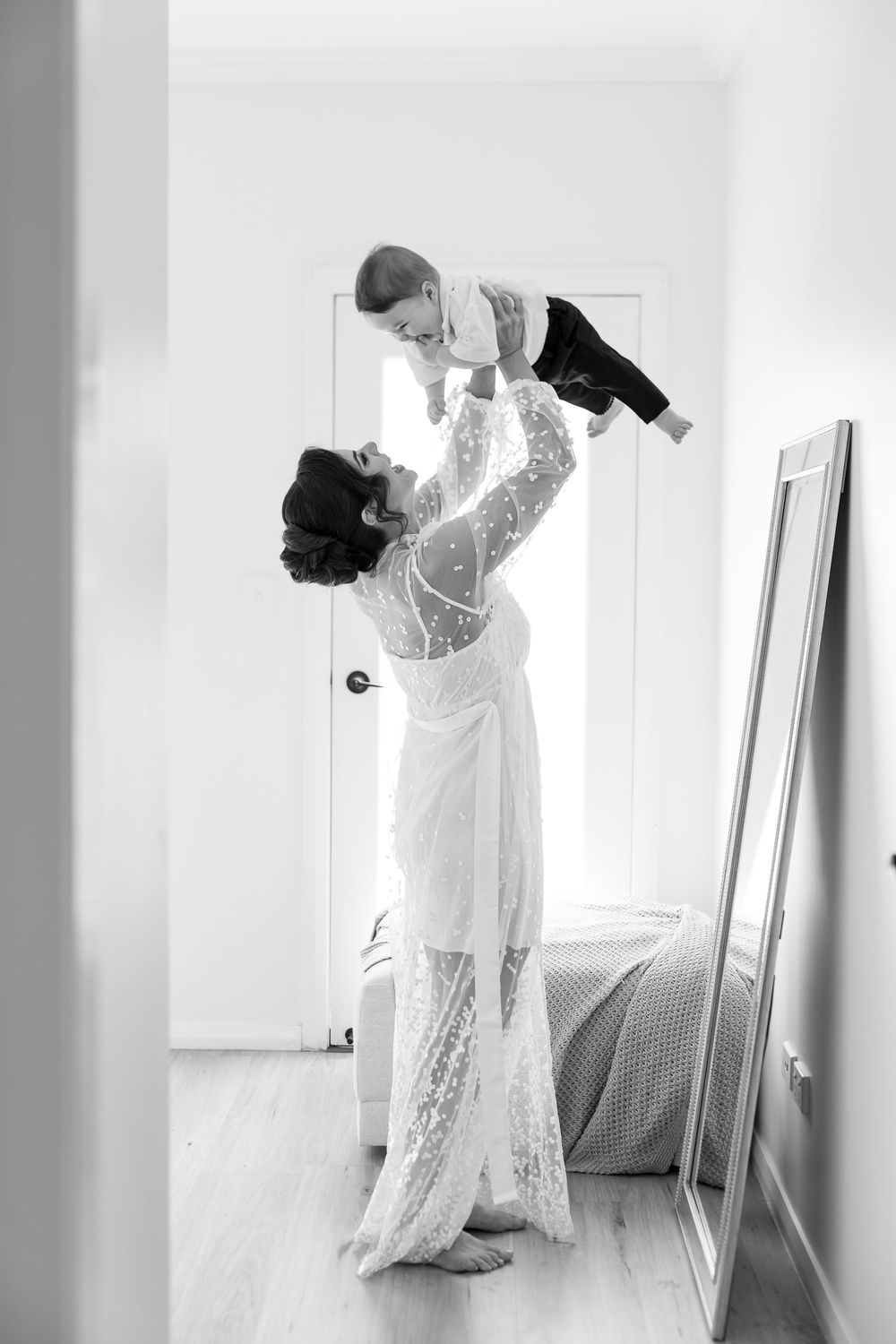 Bride and son getting ready and enjoying the morning