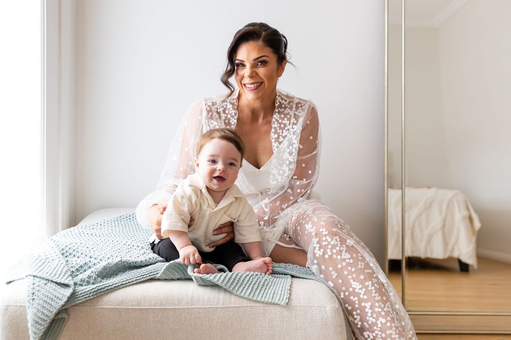 Bride and son getting ready and enjoying the morning
