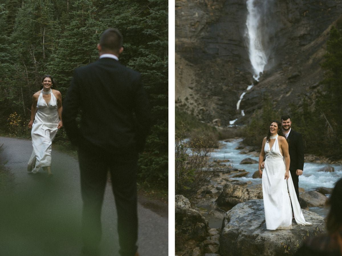 bride and groom laugh at the base of Takkakaw Falls in Yoho National Park during their elopement