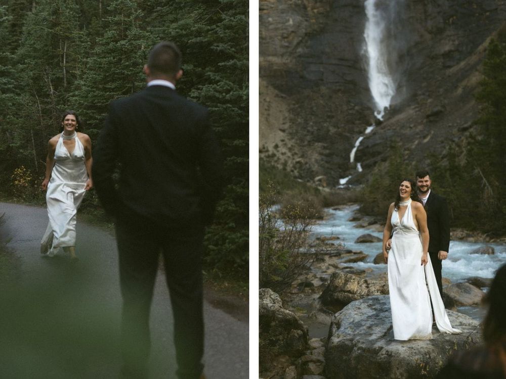 bride and groom laugh at the base of Takkakaw Falls in Yoho National Park during their elopement