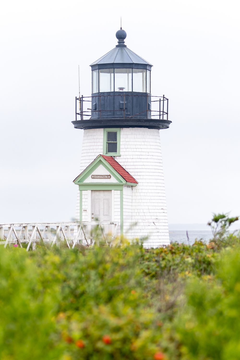 White lighthouse with green trim rises above coastal vegetation at Brant Point Light in Nantucket.