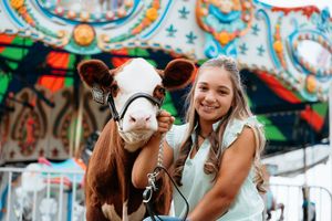 People enjoying a colorful carousel ride at an amusement park with bright decorative lights and ornate details.