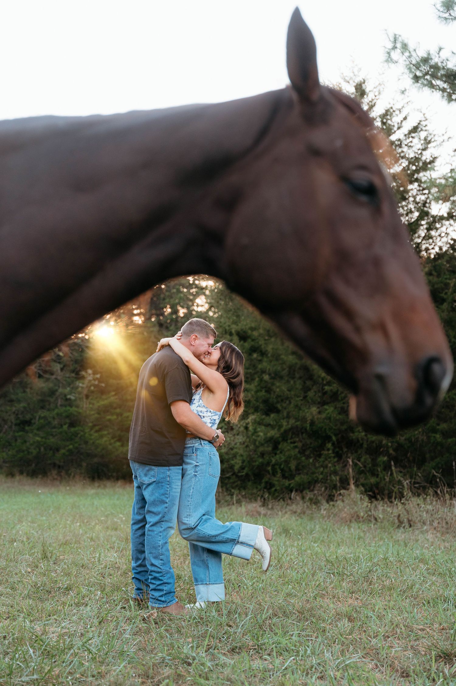 A couple embraces in a grassy field at sunset while a brown horse watches curiously in the background.