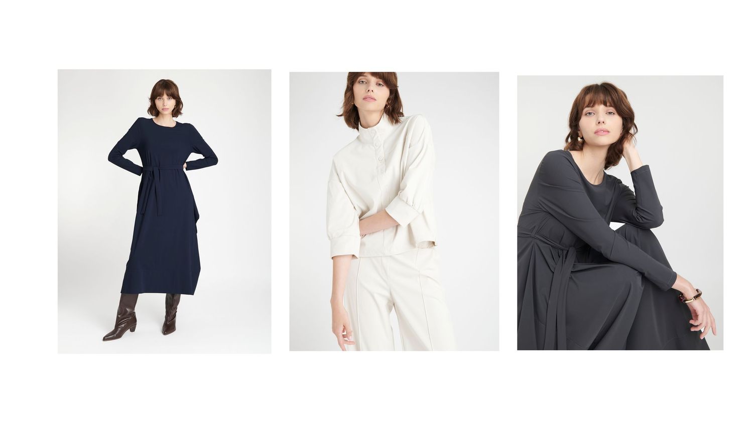 A grid of fashion clothing items including sweaters, dresses, pants and tops in neutral colors arranged in a collage layout.