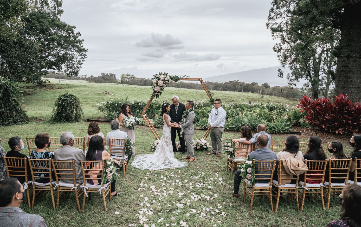 Wooden chairs arranged outdoors for a garden wedding ceremony with scattered white flower petals along the aisle.